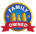 Family-owned business logo, blue and gold circular badge with three gold people silhouettes and red banner.