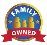 Family-owned business logo, blue and gold circular badge with three gold people silhouettes and red banner.