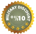 Military discount badge with a 10% discount, gold and olive green colors.