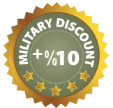 Military discount badge with a 10% discount, gold and olive green colors.