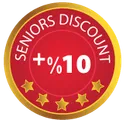 Red and gold Seniors Discount badge; 10% off.