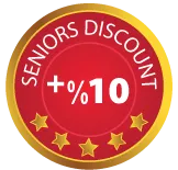 Red and gold Seniors Discount badge; 10% off.