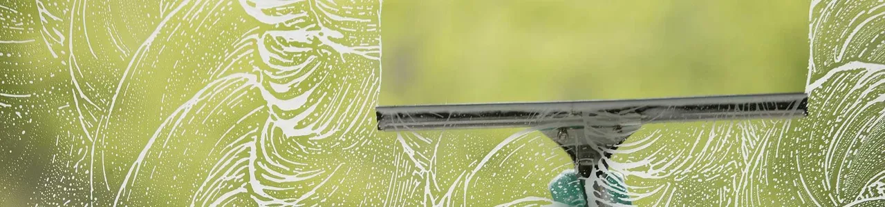 A window being cleaned with a squeegee, soapy surface, and a blurry green background.